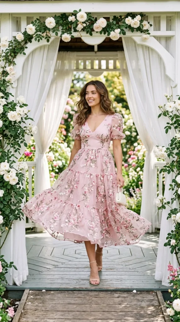  Woman wearing soft pink floral organza prom-style midi for spring garden party outdoor event, enchanting floral look