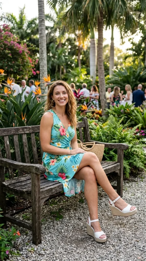 Woman wearing aqua blue tropical floral print dress for spring garden party outdoor event, enchanting floral look