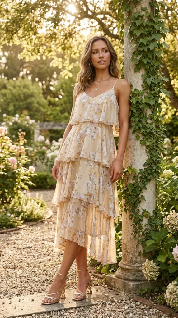  Woman wearing champagne floral chiffon tiered dress for spring garden party outdoor event, enchanting floral look