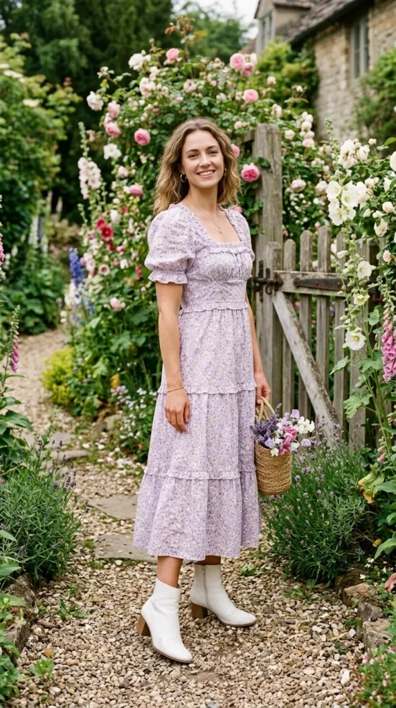 Woman wearing soft lilac floral prairie dress for spring garden party outdoor event, enchanting floral look