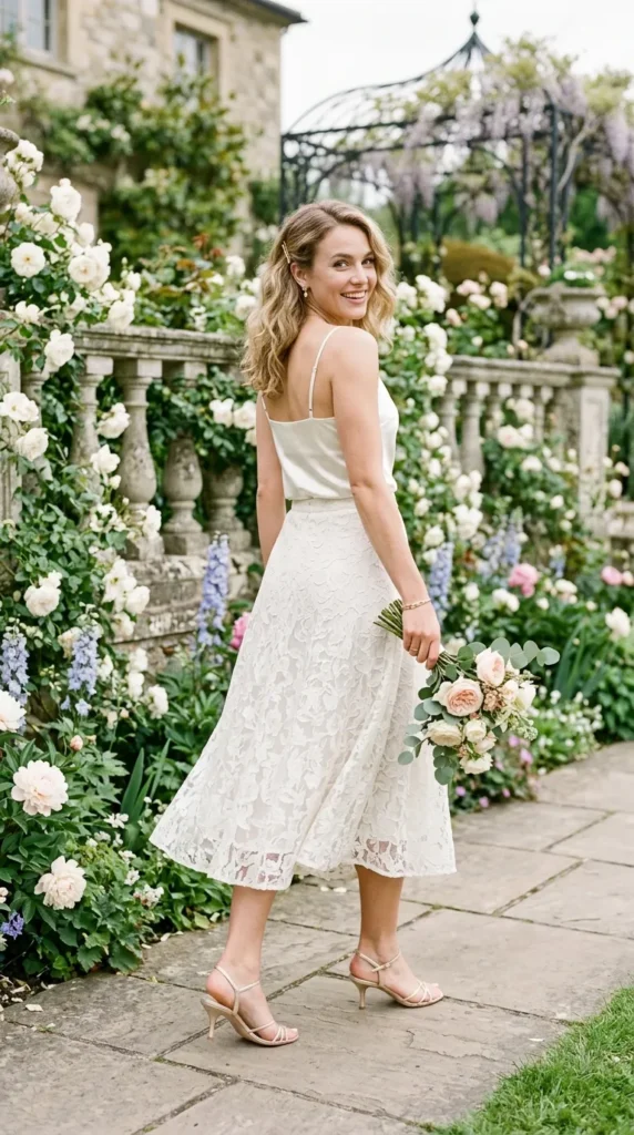 Woman wearing ivory floral lace midi skirt set for spring garden party outdoor event, enchanting floral look