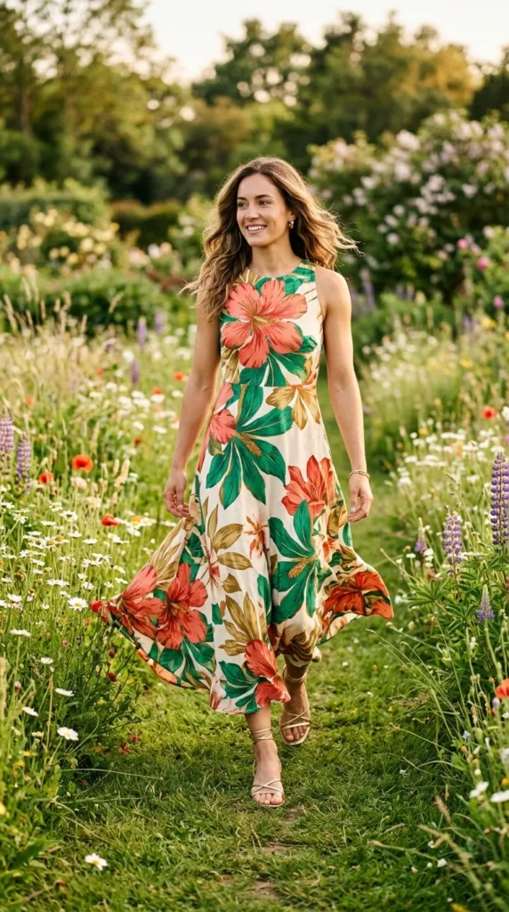 Woman wearing bold botanical print maxi dress for spring garden party outdoor event, enchanting floral look