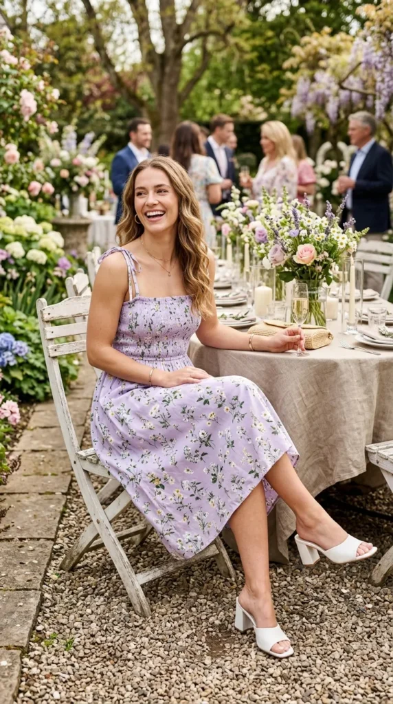 Woman wearing lavender floral cotton sundress for spring garden party outdoor event, enchanting floral look
