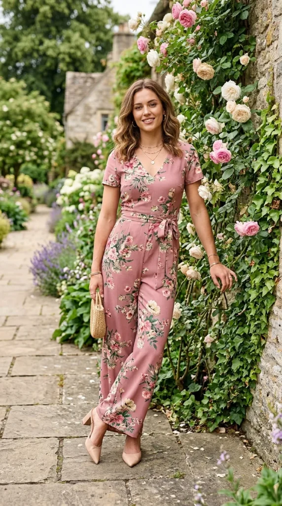 Woman wearing dusty rose floral jumpsuit for spring garden party outdoor event, enchanting floral look