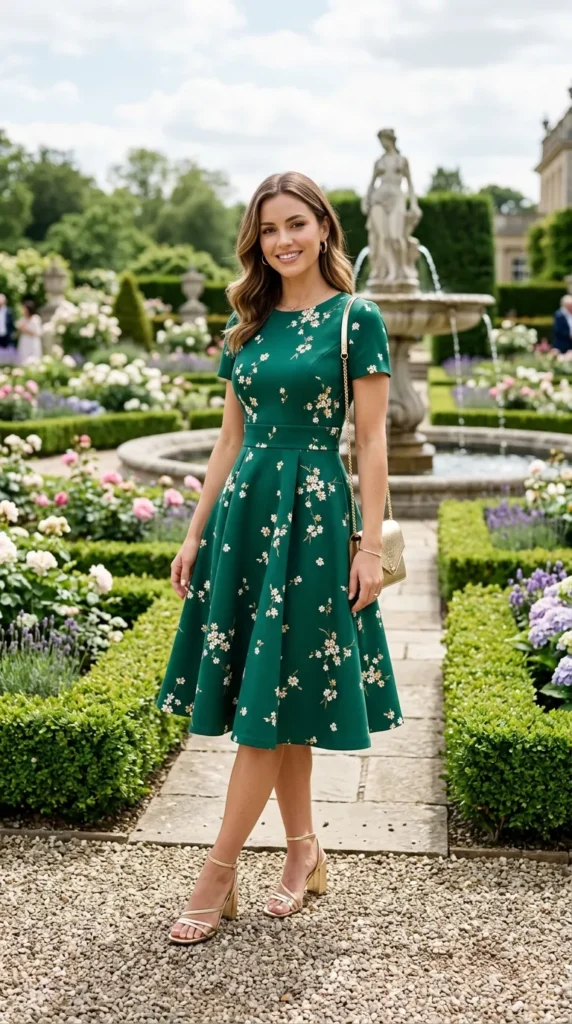 Woman wearing emerald green floral fit and flare dress for spring garden party outdoor event, enchanting floral look