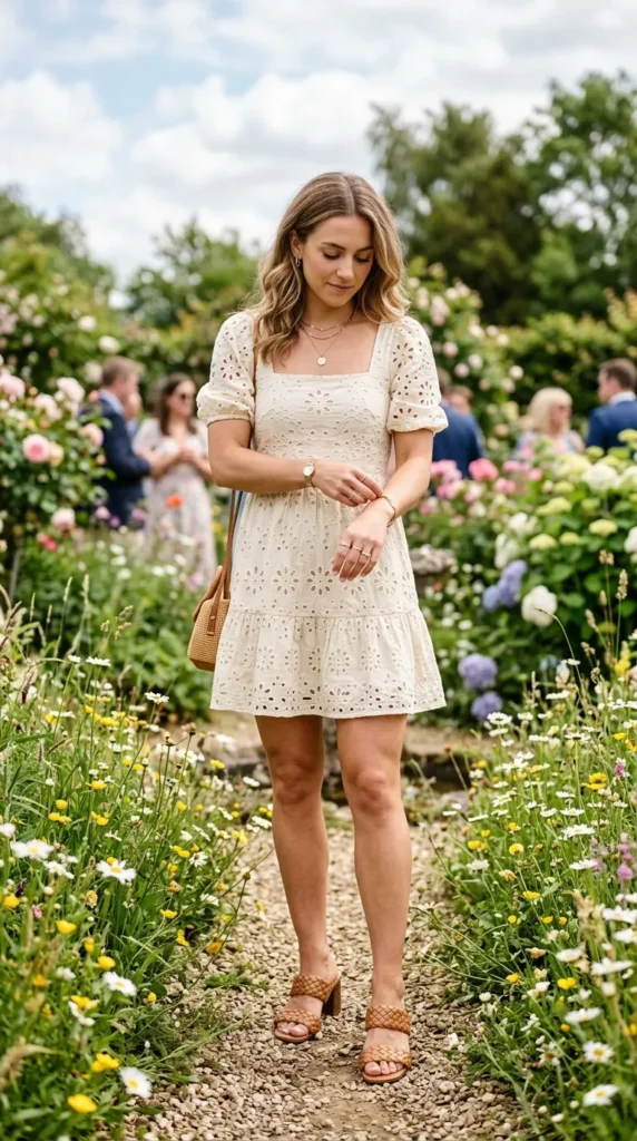 Woman wearing cream floral broderie anglaise mini dress for spring garden party outdoor event, enchanting floral look
