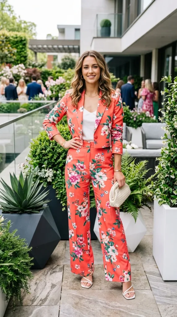  Woman wearing coral floral co-ord set with wide leg trousers for spring garden party outdoor event, enchanting floral look
