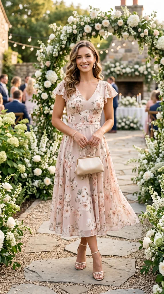 Woman in blush floral midi dress with champagne heels, beautiful spring wedding guest outfit
