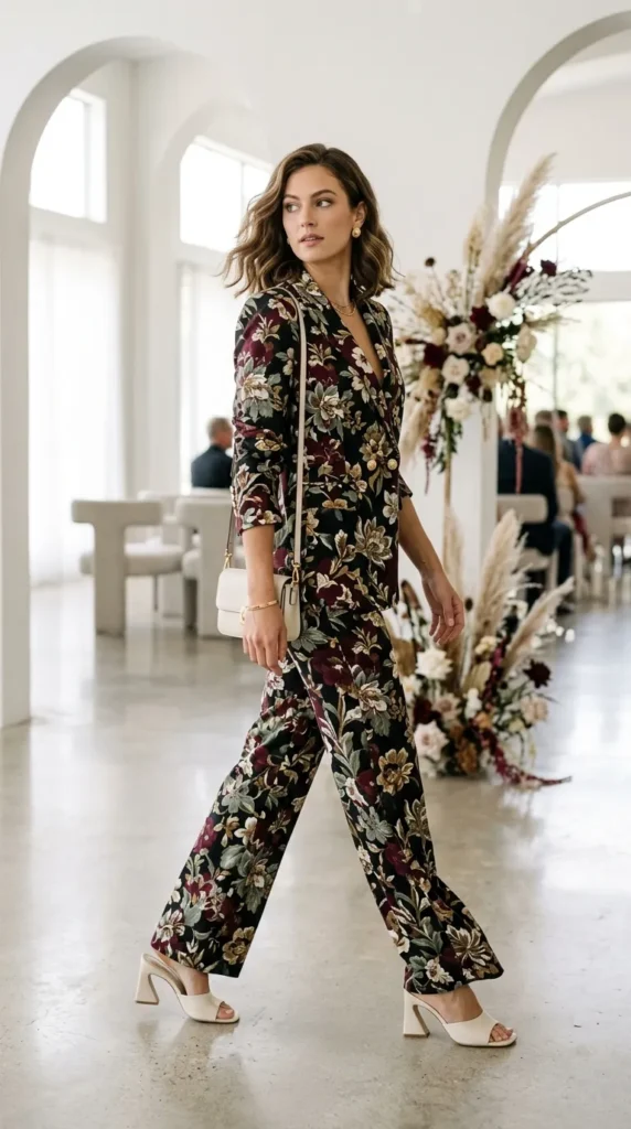 Woman in floral two-piece suit side view, fashion-forward modern spring wedding guest look