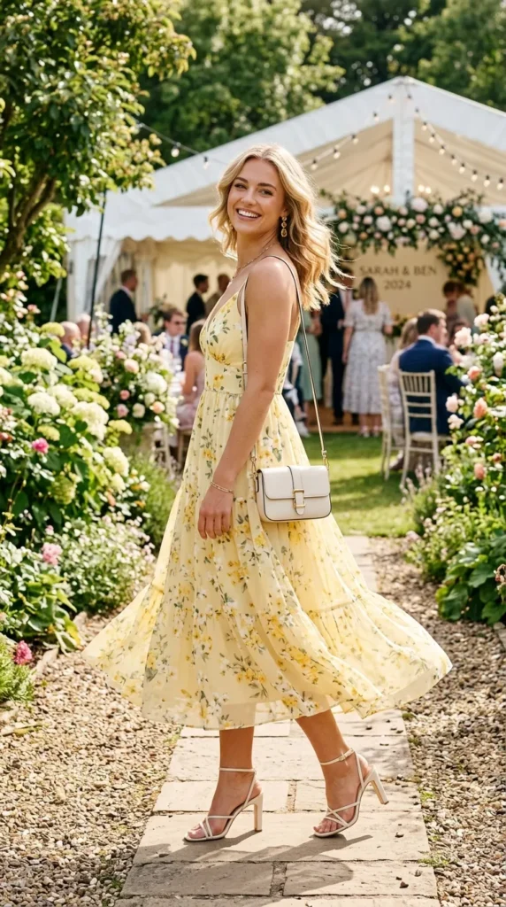 Woman in soft yellow floral midi dress with ivory heels over shoulder, radiant summer wedding guest look