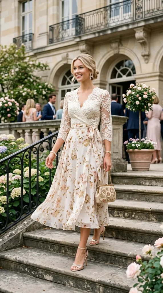 Woman walking in floral wrap dress with lace overlay, glamorous spring wedding guest look