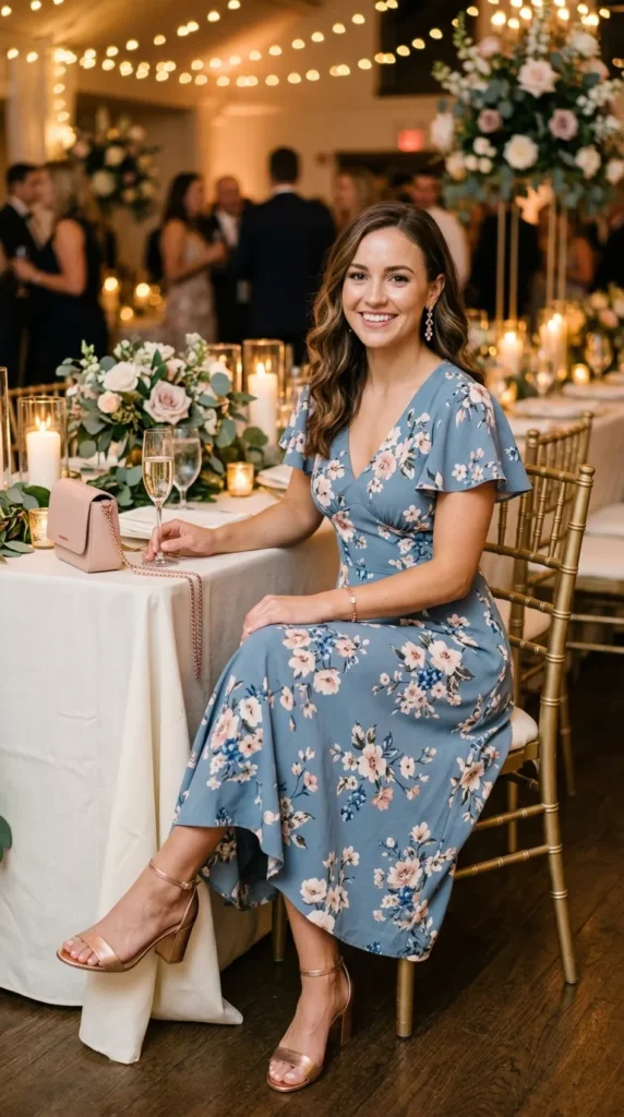 Woman seated in dusty blue floral midi with rose gold accessories at reception, distinctive spring wedding guest look