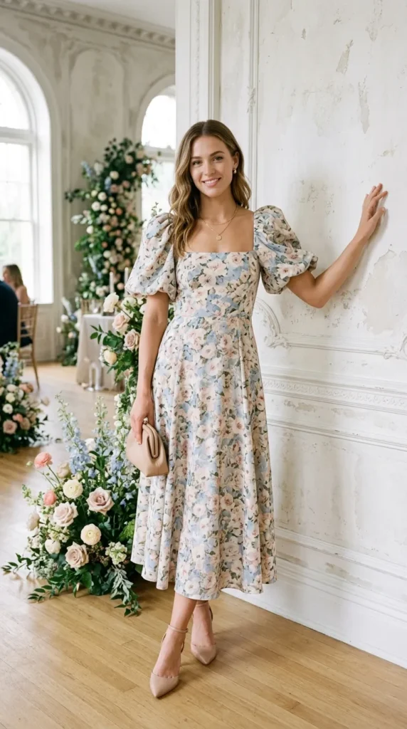 Woman in floral midi dress with statement puff sleeves leaning, fashion-forward spring wedding guest look