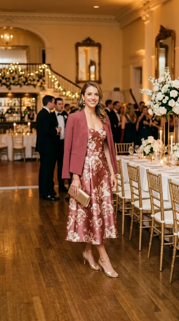 Woman in floral midi with coordinating evening jacket 3/4 view, versatile elegant spring wedding guest look