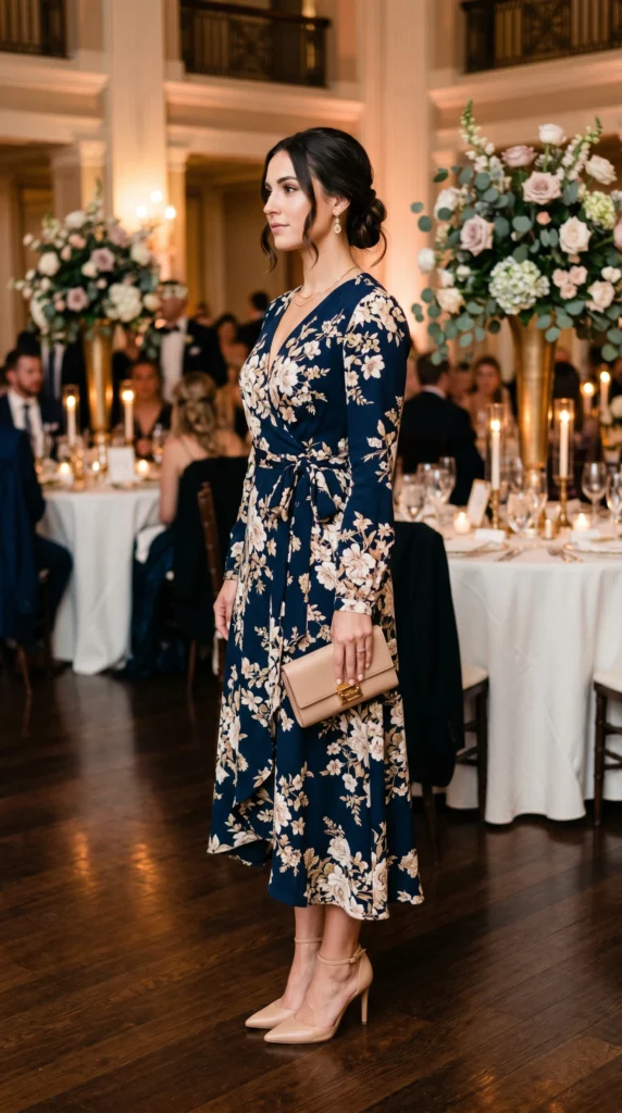 Woman in navy floral wrap dress with nude heels side view, chic spring wedding guest look
