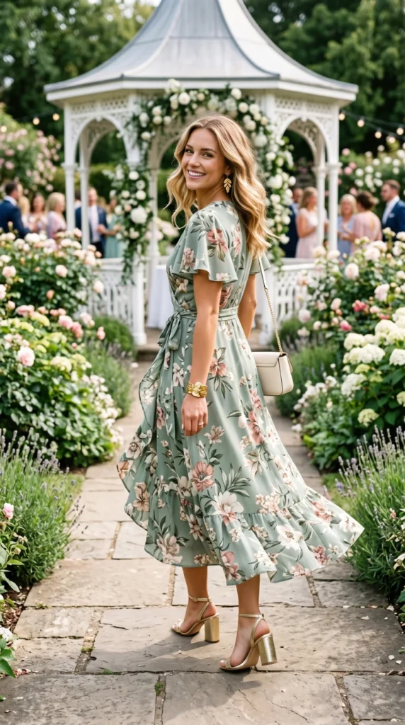 Woman in sage green floral midi dress with gold block heels over shoulder view, spring garden wedding guest look