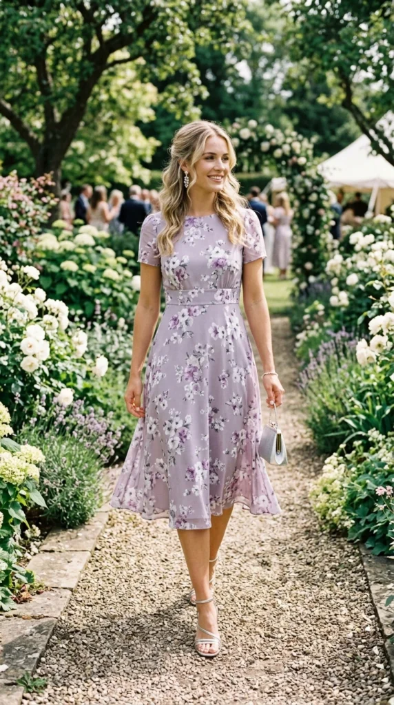 Woman walking in dusty lilac floral tea dress with silver kitten heels, refined spring wedding guest look