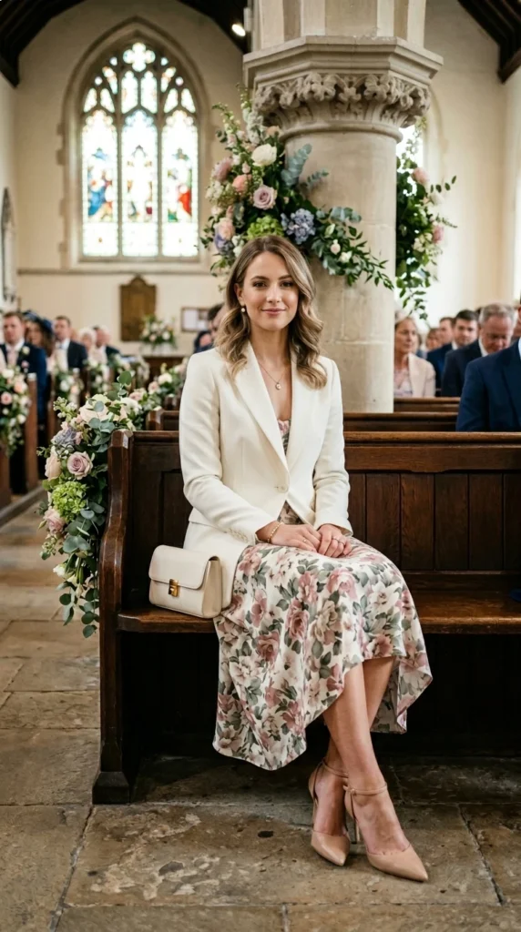Woman seated in floral midi dress with ivory blazer in church, formal spring wedding guest look