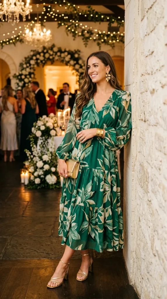 Woman in emerald floral midi dress with gold strappy heels leaning, bold confident spring wedding guest look