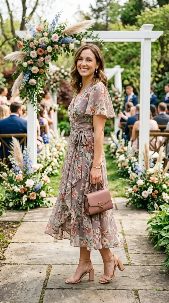 Woman in muted floral wrap midi dress with nude block heels 3/4 view, thoughtful spring wedding guest look