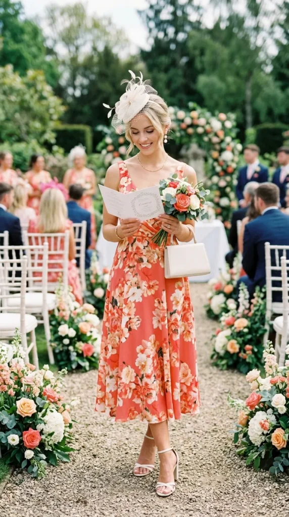 Woman in coral floral midi with fascinator candid moment, joyful British-inspired spring wedding guest look