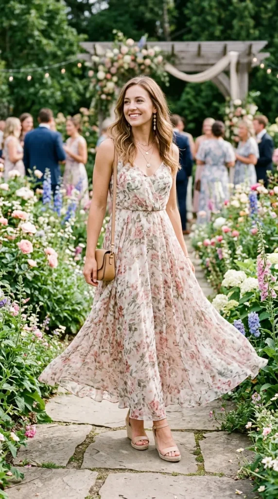 Woman in floral maxi dress for outdoor garden wedding, romantic natural spring wedding guest look