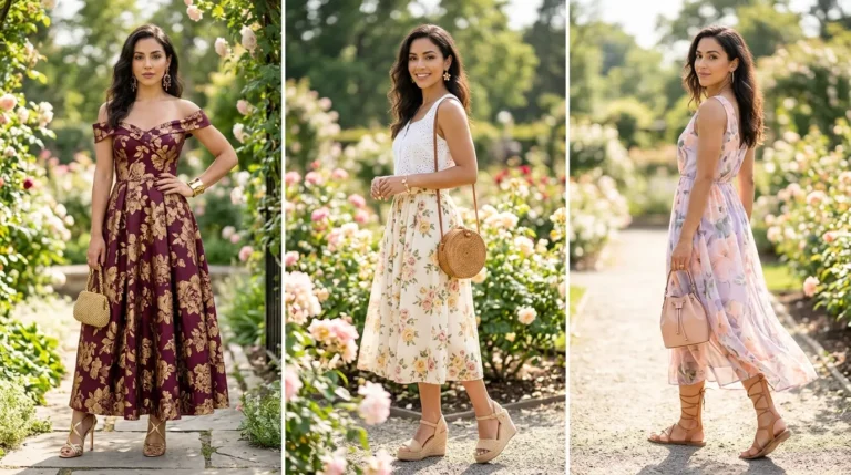 Woman wearing spring floral outfit, spring floral looks with sandals, beautiful seasonal look
