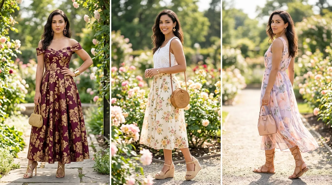 Woman wearing spring floral outfit, spring floral looks with sandals, beautiful seasonal look
