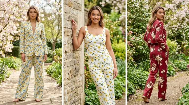 Three women in flowered outfits pose for a picture.