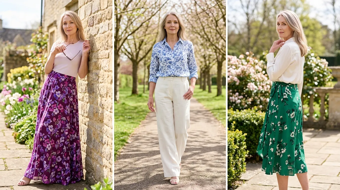 Three women wearing dresses and white pants are posing for a picture.