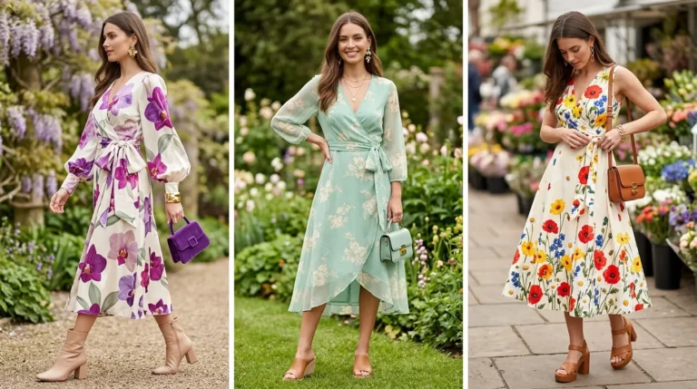 Three women wearing dresses and carrying handbags.