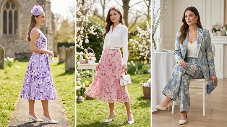 Three pictures of women wearing dresses and carrying handbags.