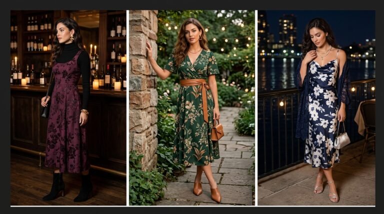 Three pictures of women in dresses and heels.