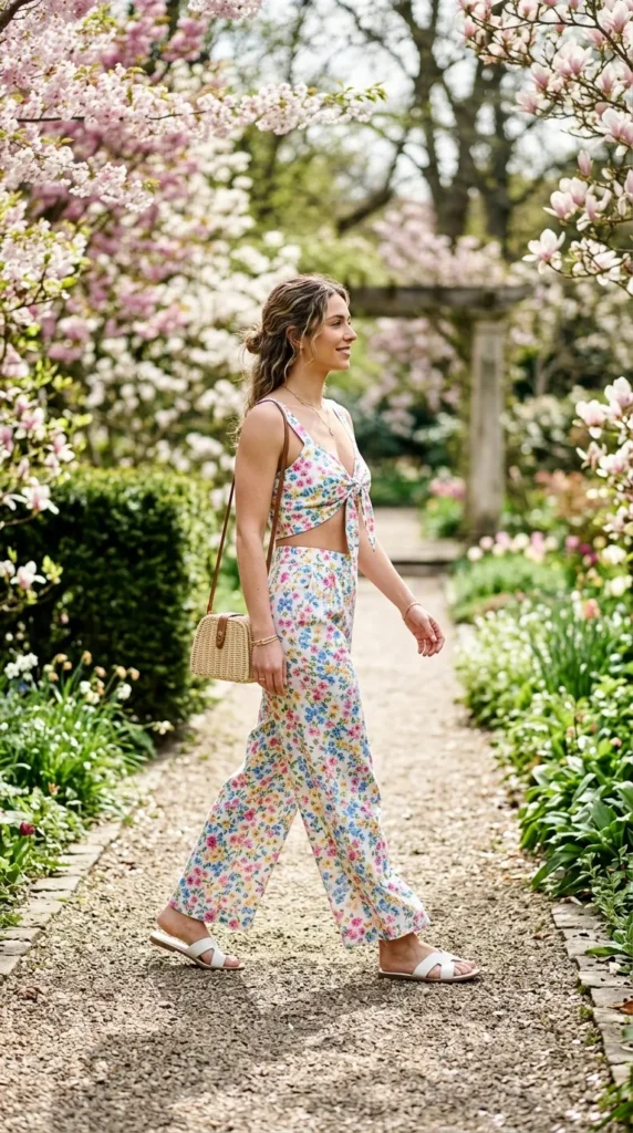 A woman wearing a floral print dress and carrying a purse walks down a path.