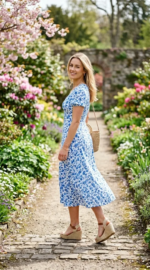 A woman in a blue dress and white bag is walking down a path.