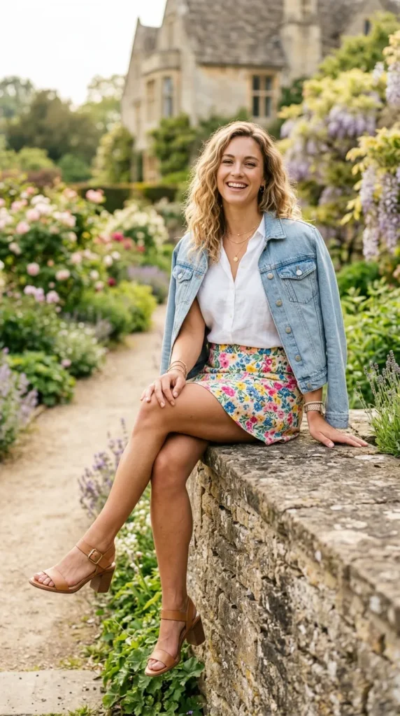 A woman wearing a blue jacket and a floral skirt is sitting on a stone wall.
