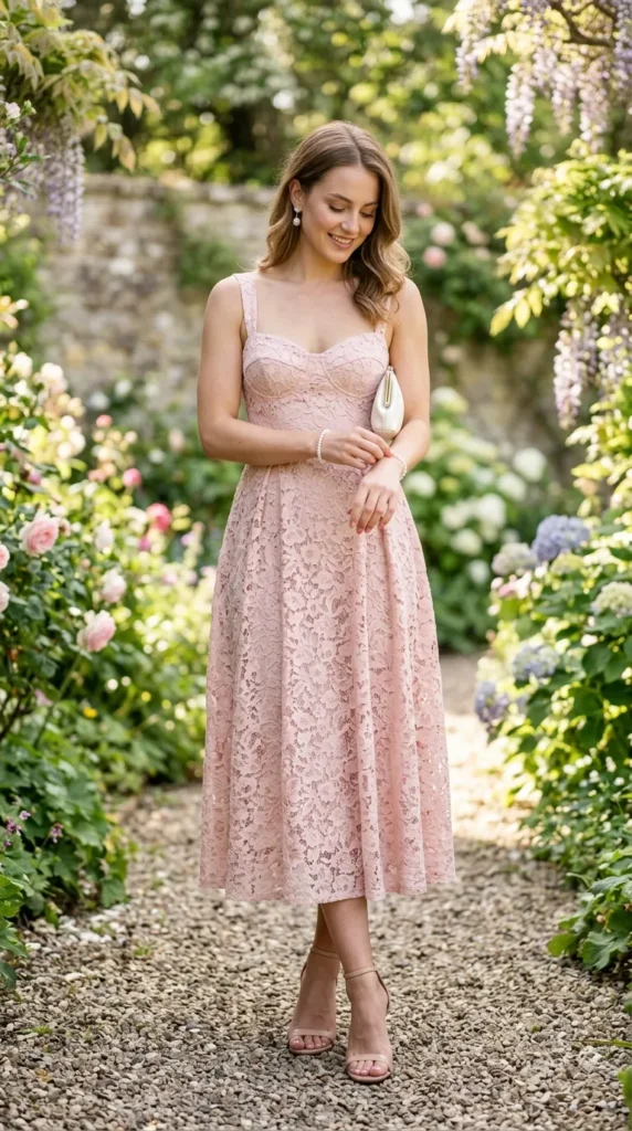 A woman in a pink dress stands in a garden.