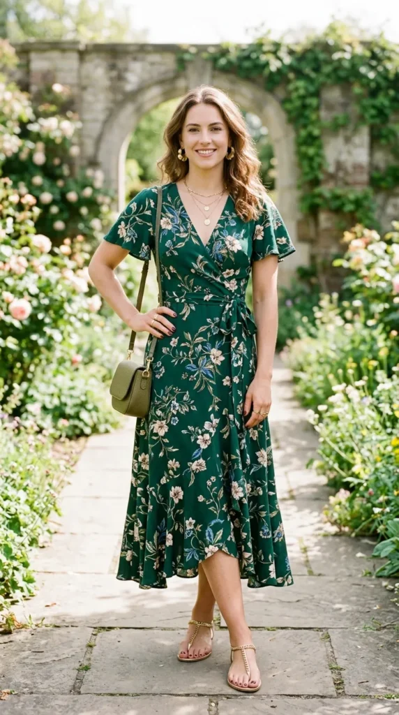 A woman in a green dress with a floral pattern is standing in front of a garden.