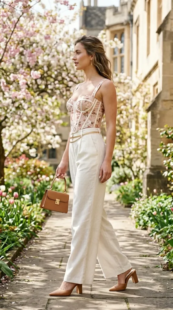 A woman wearing a white top and carrying a brown purse walks on a path.