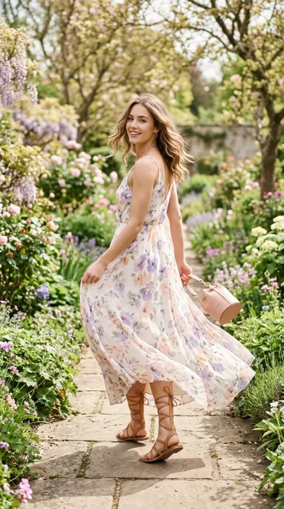 A woman in a floral dress walks down a path.