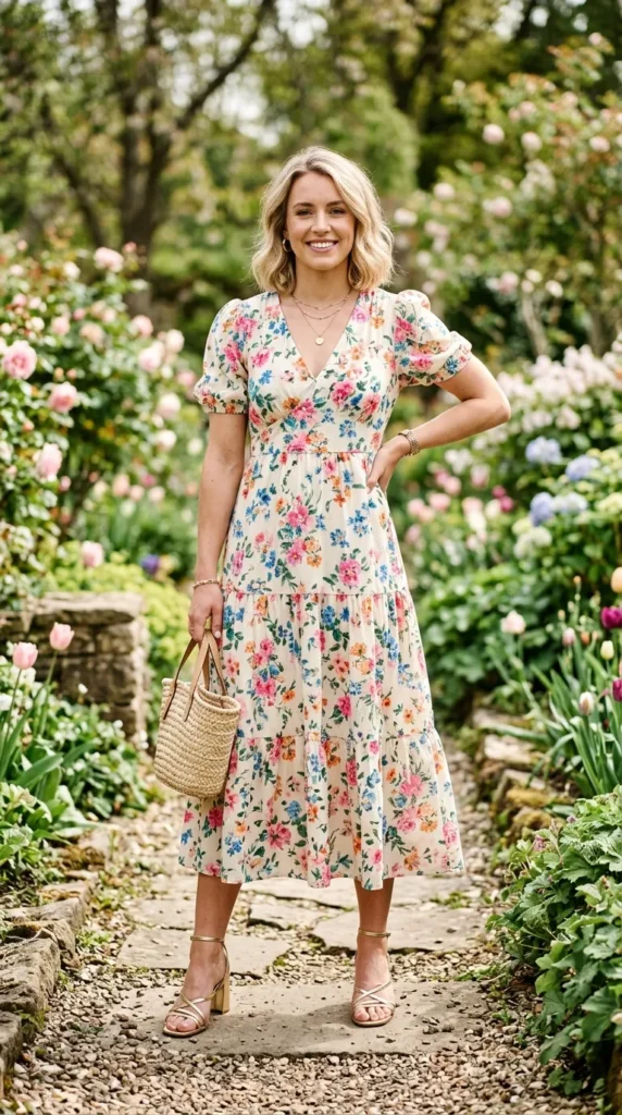 A woman wearing a floral dress and holding a wicker purse.