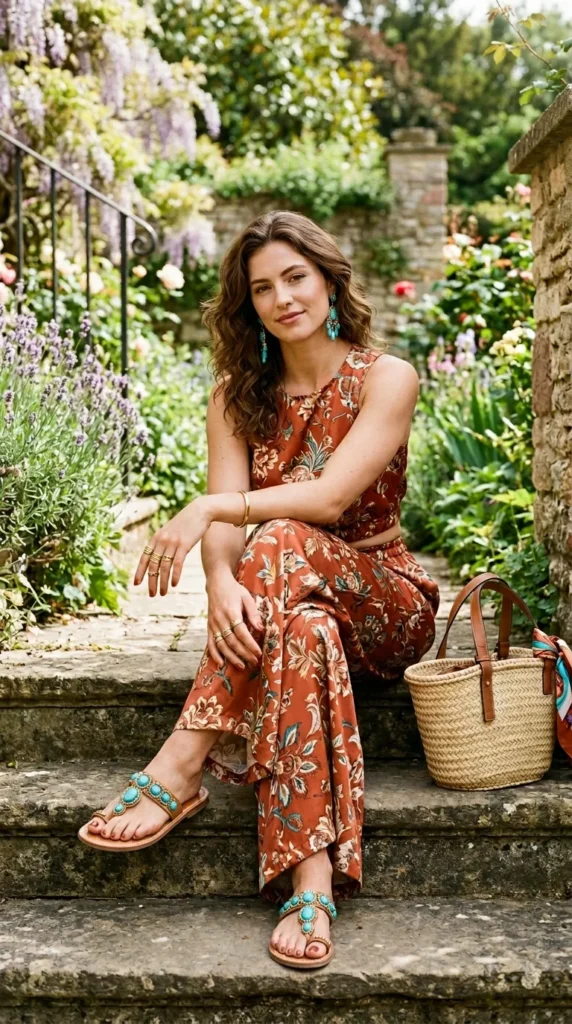 A woman in a floral print dress sits on a step with a basket and a purse.