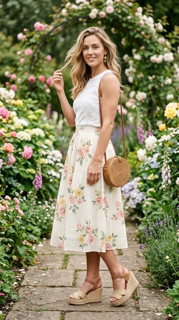 A woman in a floral dress stands in a garden.