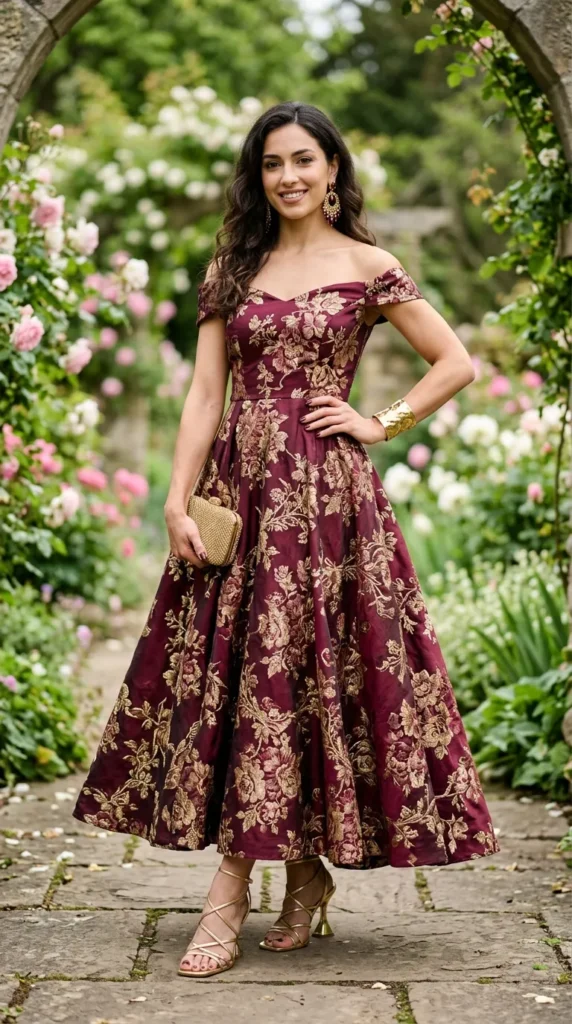 A woman in a red dress stands in front of a flower bush.