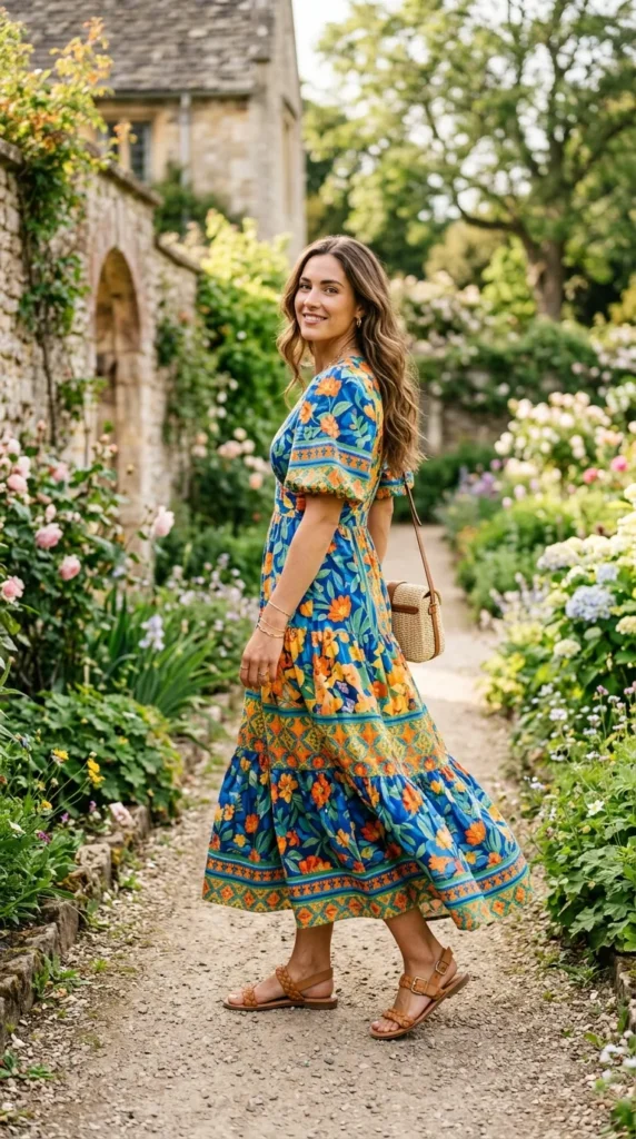 A woman wearing a blue and orange dress is walking down a path.