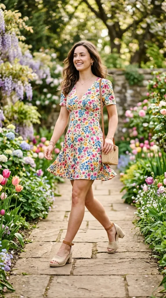 A woman wearing a floral dress walks down a path.