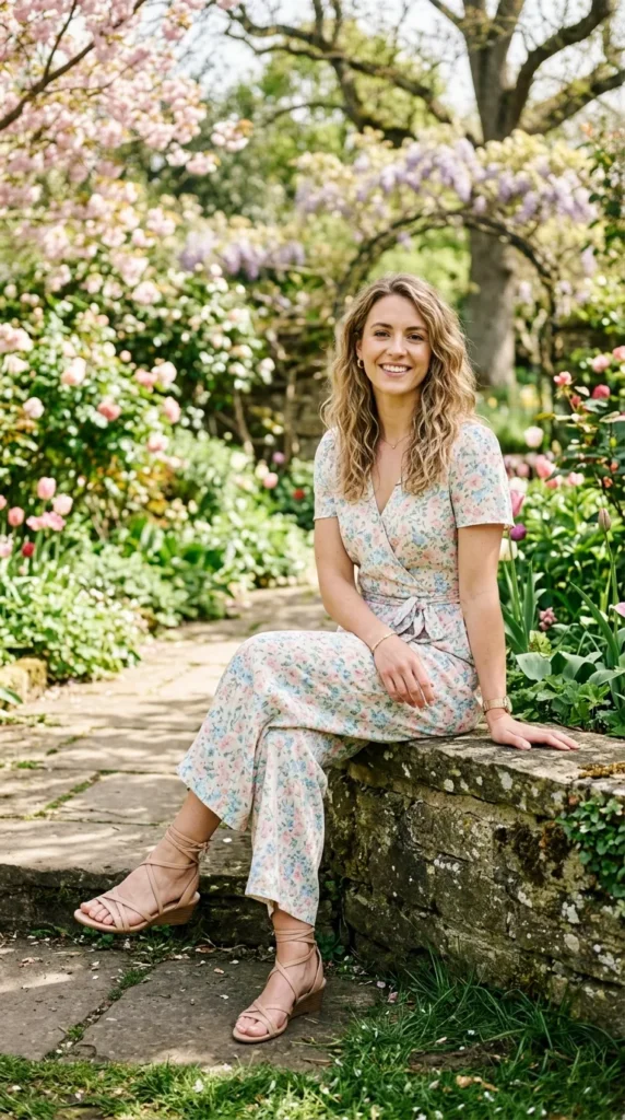 A woman in a floral dress sits on a stone bench.
