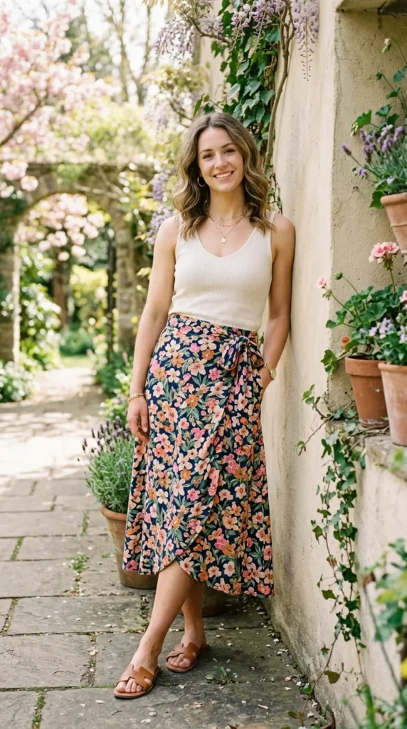 A woman wearing a floral skirt and a white top poses for a picture.