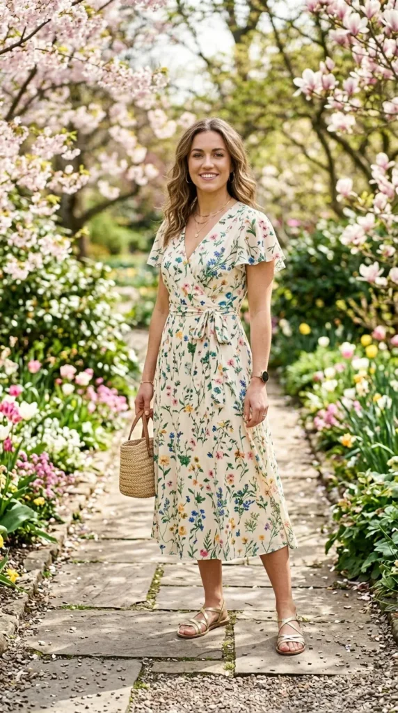 A woman in a floral dress is standing in a garden.