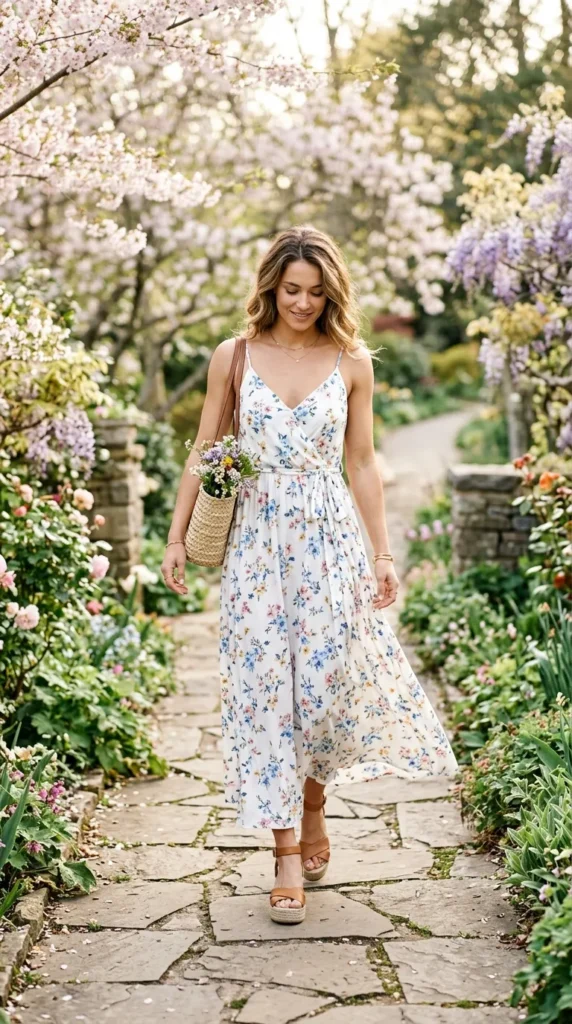 A woman wearing a floral dress and carrying a basket of flowers.